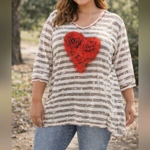 Style & Co. Plus Size Striped Tunic Top Red Floral Appliqué V-Neck Boho Casual